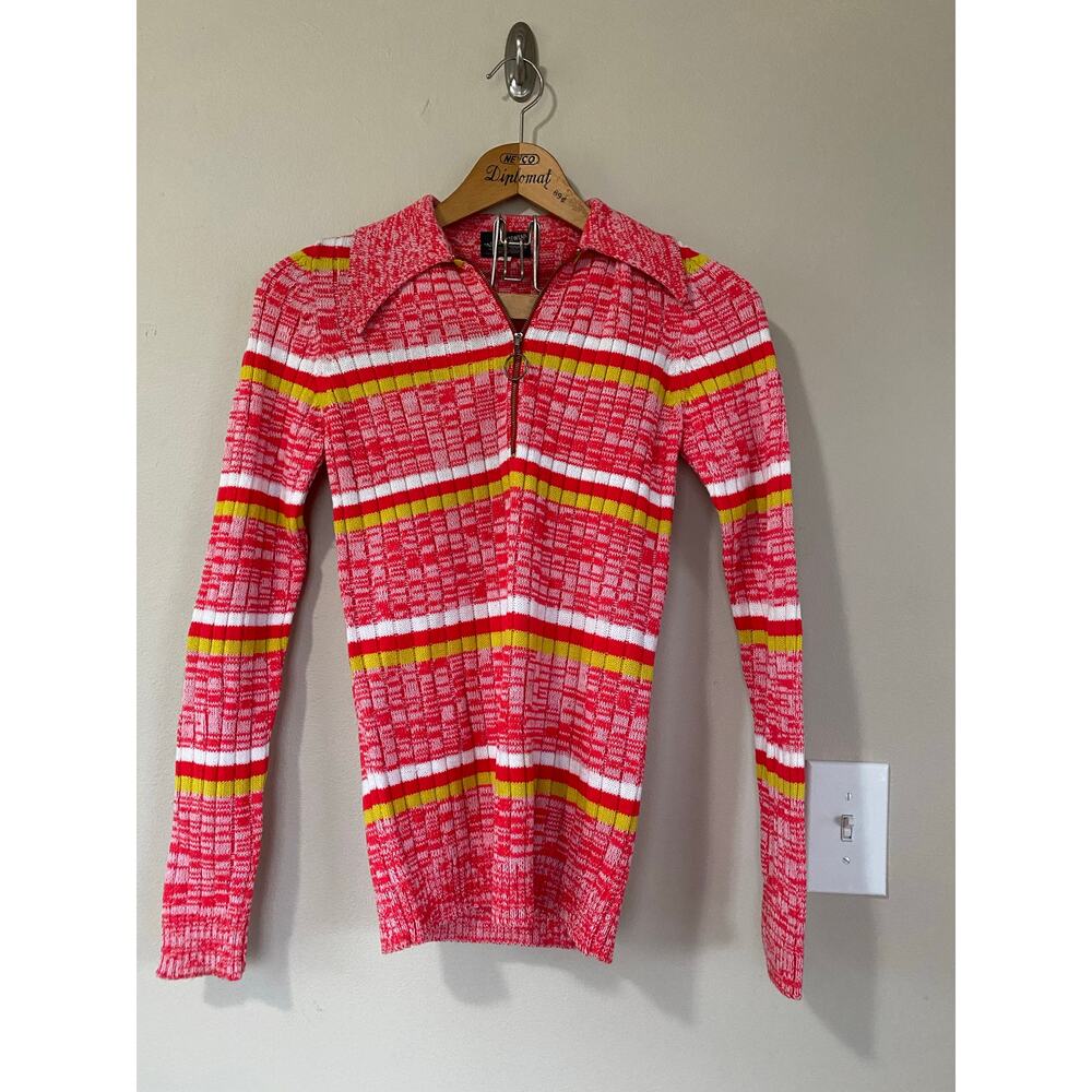 70s daggar collar colorful ribbed sweater 1/4 zip Oring M Fashion Knitwear brand - Picture 2 of 6